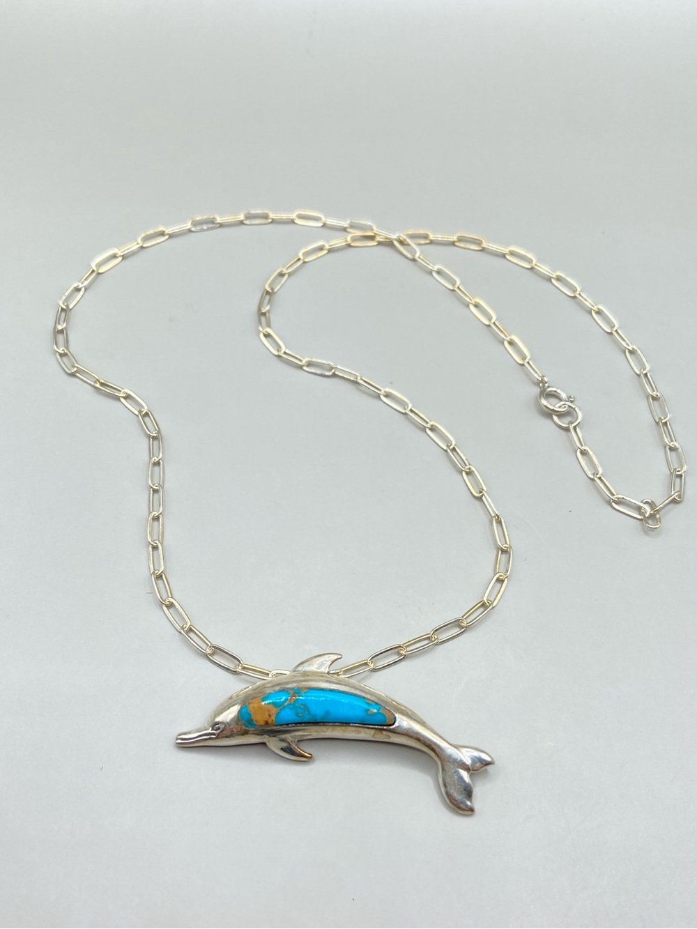 Vintage Sterling Silver Turquoise Inlay Dolphin Pendant Necklace